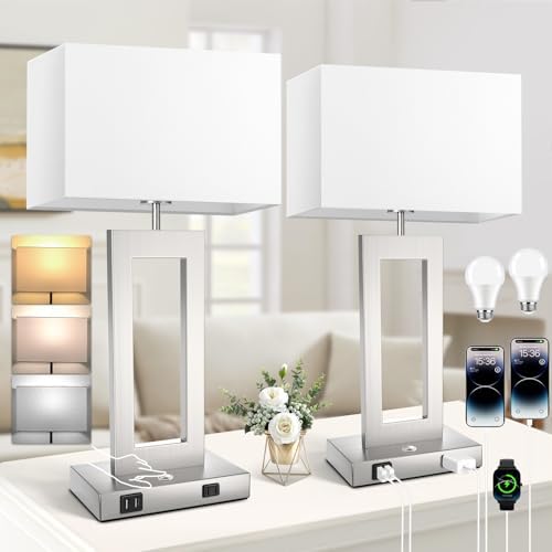 22’’ Touch Control Table Lamps Set of 2, 3 Color Temperatures Bedroom Bedside Lamps, Modern Silver Dimmable Lamps with USB Ports & AC Outlet, Tall Living Room Lamps for Nightstand End Table, 2 Bulbs by Kondras