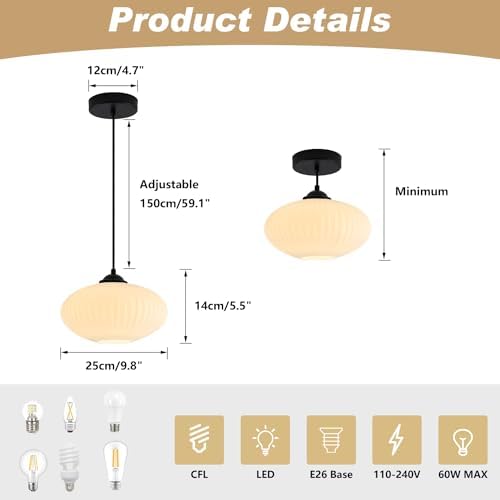 KCO 2 Pack Matte Black Lantern Pendant Light with 9.8” White Ribbed Glass - Image 2