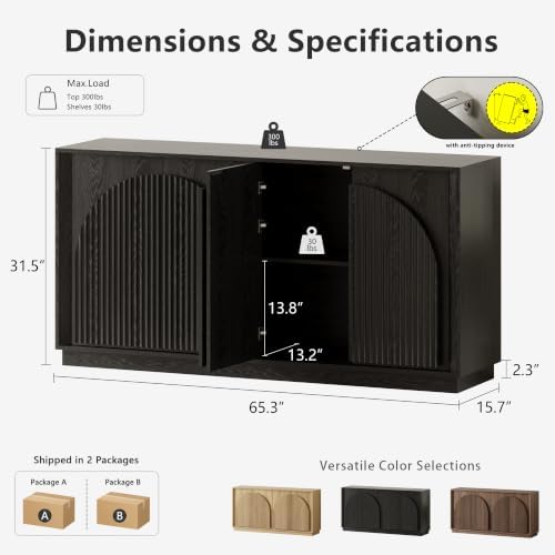win2win 65" Sideboard Buffet Cabinet with Storage, Modular Credenza, Black - Image 2