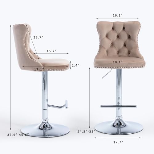 SoarFlash Velvet Bar Stool Set of 4, Adjustable Swivel Bar Stools with Silver Plated Metal Leg, Button Tufted, Footrest, Chrome Nailhead, Counter Height Chair for Kitchen, Bar, Dining Room (Khaki) - Image 2