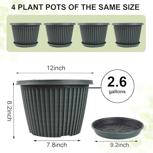 Large-Planter-Indoor-Outdoor Plant Pots, 12 inch 4 Pack Plastic Flower Pots with Saucer And Drainage Holes, Modern Garden Planters For Planting Medium Large Plants, Decorative Resin Garden Pots - Image 4