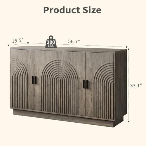 Fluted Sideboard Buffet Cabinet with Storage - 57" Credenza Coffee Bar Cabinet with 4 Doors, Accent Kitchen Storage Cabinets with Adjustable Shelves for Living & Kitchen, Entryway, Modern - Image 2