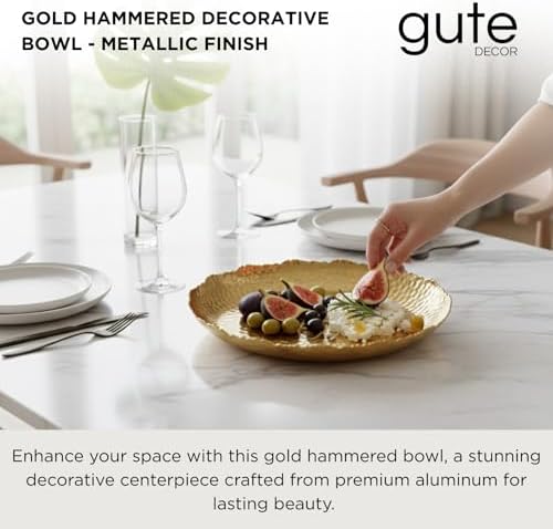Gold Hammered Decorative Bowl Elegant Aluminum Centerpiece with Textured Finish Large Round 13 Inch Metallic Display Bowl for Home Kitchen or Dining Table Accent Modern Decorative Gifts Decor Bowls - Image 2