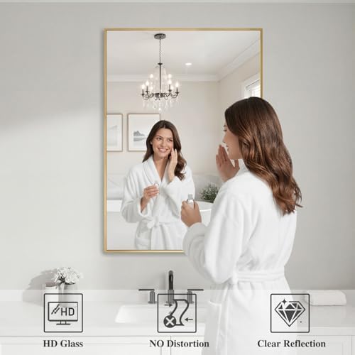 Koonmi Gold Mirrors for Wall, 24x36 Inch Bathroom Mirror, Rectangular Wall Mirror for Living Room Bedroom Bathroom, Hangs Horizontally or Vertically - Image 3