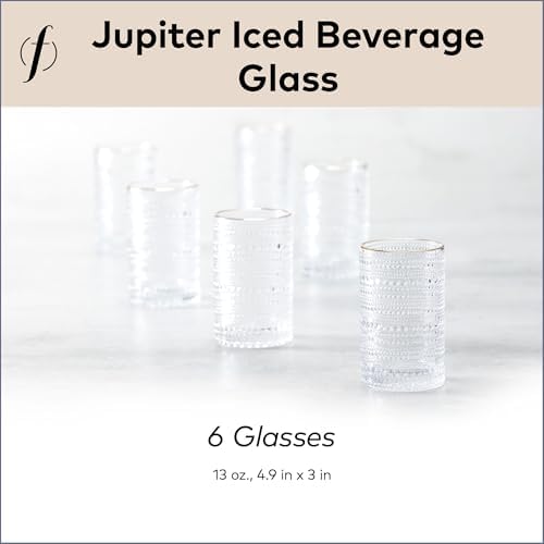Fortessa Jupiter Beaded Hobnail Glass, 13 Ounce Iced Beverage (Set of 6), Gold Rim Clear - Image 5