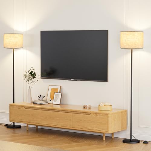 Ambimall 60'' Modern Floor Lamp Set of 2, 2PK Tall Lamps for Living Room Bedroom, Beige Shade with Black Pole(Without Bulb) - Image 5