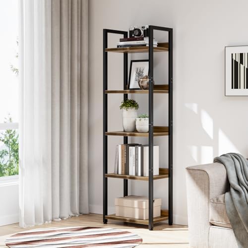 NUMENN Narrow Bookshelf, 5 Tier Freestanding Shelving Unit, Dark Walnut - Image 5