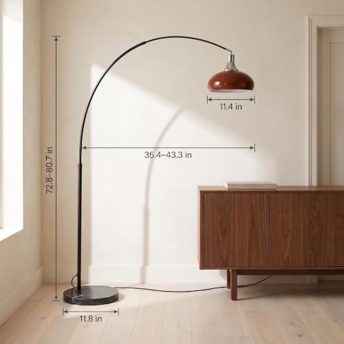 Mid Century Arch Floor Lamp with Wine Red Metal Shade＆Marble Base - Image 3