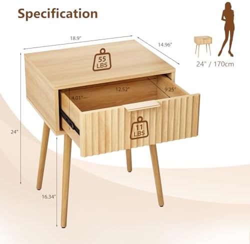 VINGLI Nightstands Set of 2, Fluted Night Stand with Drawer, Bedside Table, Wood Nightstand for Bedroom, Mid Century Modern End Tables, Natural Oak, 18.9" W*14.96" D*24" H - Image 2