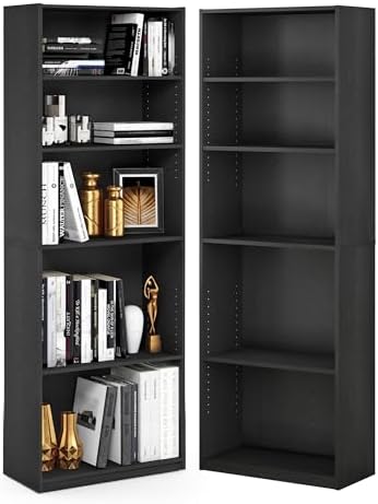 Furinno Jaya 5-Tier Book Shelf with Adjustable Shelves Set of 2, Darkwood - Image 5