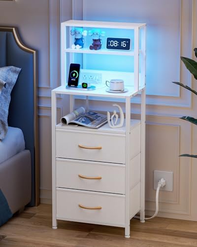 Furnulem Tall Night Stand, White Bedside Nightstand with Charger Station - Image 6