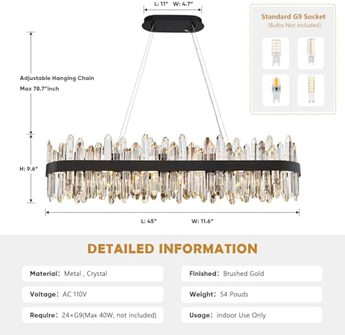Black Oval Crystal Chandelier L45.3 inch, 24-Lights Chandeliers Modern Crystal Chandelier Pendant Light Fixture G9 Lights Pendant Ceiling Light for Dining Living Room Kitchen Island - Image 2