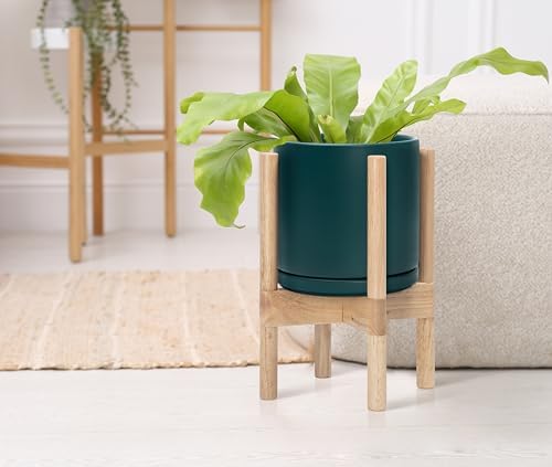 D'vine Dev Ceramic Pot with Natural Wood Stand, Teal, 8 in, 55-B-N-4 - Image 4
