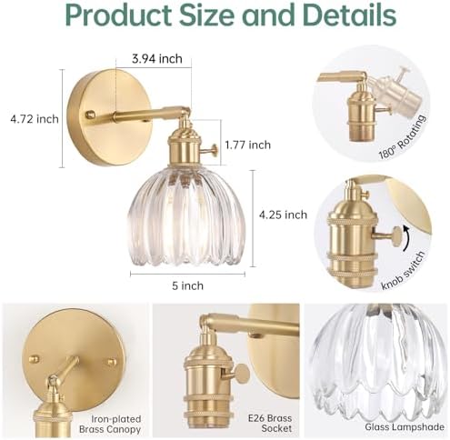 Shenmoyl Vintage Wall Sconces Set of 2 with Transparent Tulip Glass Lampshade 180 Degree Adjustable Brass Sconces Hradwired Modern Wall Lighting Fixture with Switch for Bedside Bedroom Doorway - Image 6