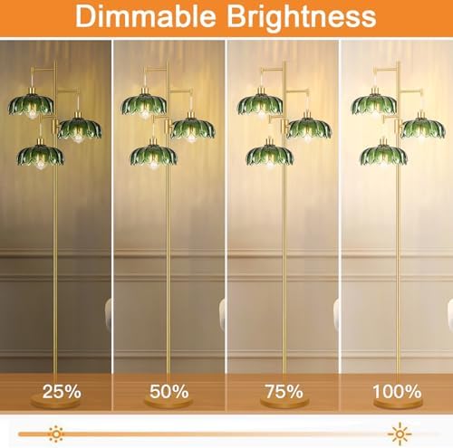 Vintage Floor Lamps for Living Room Bedroom-3 Light Dimmable Gold Floor Lamp with Glass Lampshape, Flower Tall Lamp Modern Mid Century Standing Lamp Green Tree Floor Lamp for Bedroom Corner - Image 2
