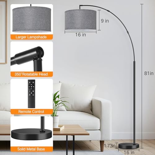 OUTON 81" Arc Floor Lamp, 12W 1080LM LED Dimmable Floor Lamp with 16" Gray Lampshade, Remote Control & Foot Switch, 4 Colour Temperatures, Tall Standing Lamp for Living Room Bedroom Office, Black - Image 2
