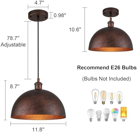 Lingkai 11.8” Industrial Metal Dome Pendant Light, Rust Industrial Pendant Lights for Kitchen Island, Dimmable Hanging Light Fixtures Compatible for Kitchen Island, Dining Room - Image 6