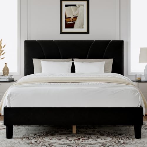 Novilla Queen Bed Frame, Queen Size Bed Frame with Wooden Slats Support, Velvet Upholstered Headboard, No Box Spring Needed, Heavy Duty Feet, Easy Assembly, Black Velvet by Novilla