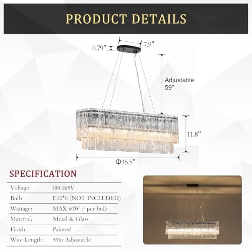 CATINER 35.5" Rectangle Crystal Glass Chandelier 6-Light Black Chandeliers - Image 3