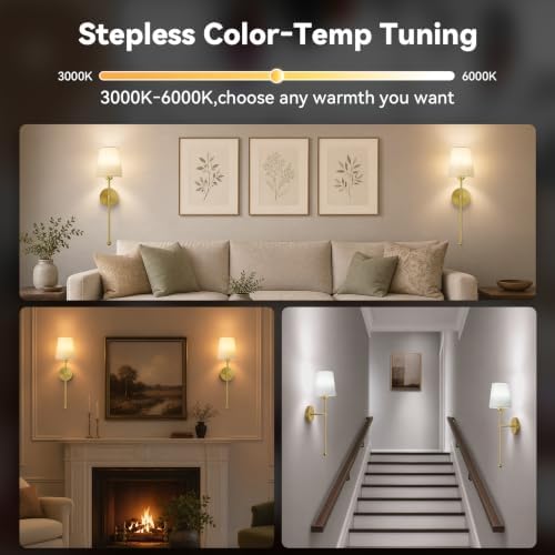 Battery Operated Wall Sconce Set of 2, RF Remote, Brass and Beige Shade - Image 4
