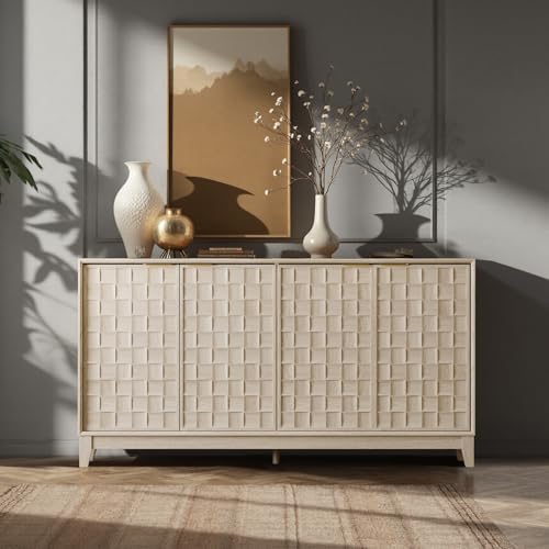 COLAMY Fluted Sideboard Cabinet with Storage – Solid Wood Buffet for Dining Room, Credenza Console with Adjustable Shelves, Walnut Finish, Mid Century Modern Style,Oak White by COLAMYHOME