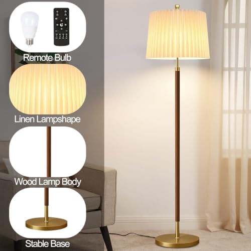 AHDWDW Gold Floor Lamp for Living Room,Mid-Century Modern Floor Lamps with Remote,Farmhouse Boho Floor Light with Dual Fabric Shade,Dimmable Standing Tall Lamp for Bedroom Corner Reading Office - Image 3