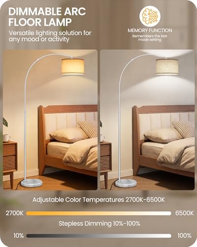 75" Dimmable Silver Arc Lamp with Marble Base,Adjustable Height,Beige Shade - Image 5