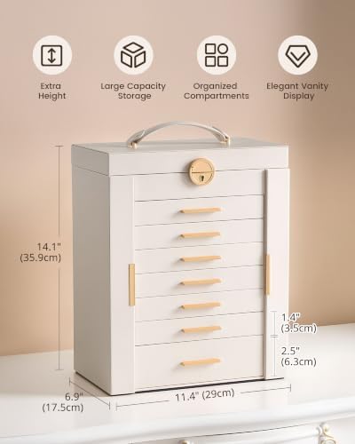 Lolalet Large Jewelry Box, 8-Layer Jewelry Organizer with 7 Drawers -Beige - Image 3