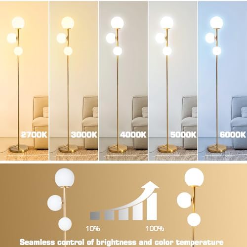 Mid Century Gold Floor Lamp – Dimmable, Remote & Touch, 3-Light - Image 2