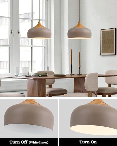 ELYONA 12" Japandi Pendant Light, Farmhouse Pendant Light Fixture with Faux Pine Wood Grain Metal Shade, Adjustable Hanging Light for Kitchen Island Dining Room Bedroom Sloped Ceiling, Caramel Brown - Image 3