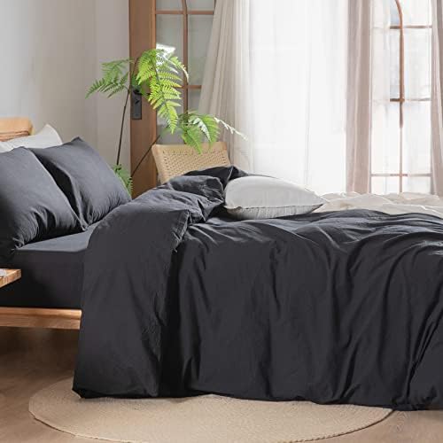 BESTOUCH Cotton Solid Duvet Cover Set Linen Feel Deep Black Queen - Image 3