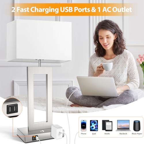 22’’ Touch Control Table Lamps Set of 2, 3 Color Temperatures Bedroom Bedside Lamps, Modern Silver Dimmable Lamps with USB Ports & AC Outlet, Tall Living Room Lamps for Nightstand End Table, 2 Bulbs - Image 5