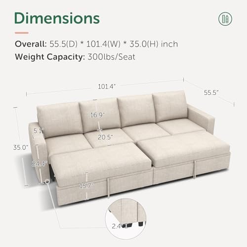 HONBAY Modular Sectional Sleeper Sofa Bed, with Pull Out Bed, Linen Convertible Sectional Couches for Living Room - Beige - Image 2