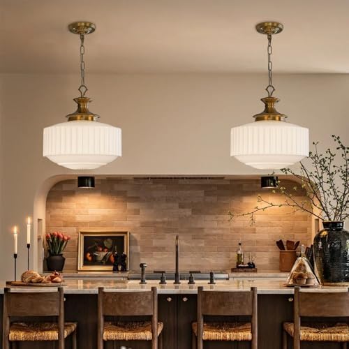 Vintage Brass Milk Glass Pendant Light Fixture, 13.8" White Pleated Glass Chandelier, Antique Pendant Lights, for Kitchen Island Lighting, Hallway, Bedroom, Dining Room, Foyer, E26 Bulb Included - Image 4