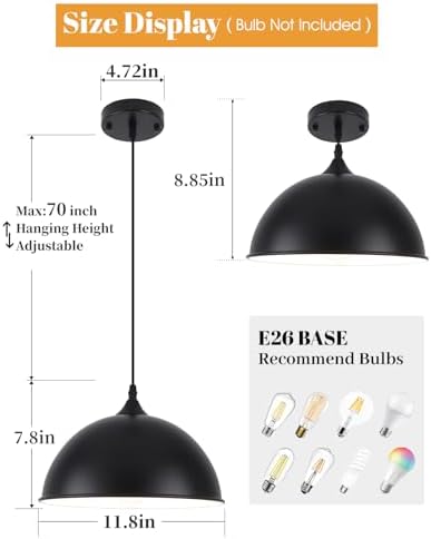 Black Pendant Lights Kitchen Island 2 Pack, 11.8" Farmhouse Dome Pendant Light, Adjustable Height Island Pendant Lights for Dining Room Bedroom - Image 2