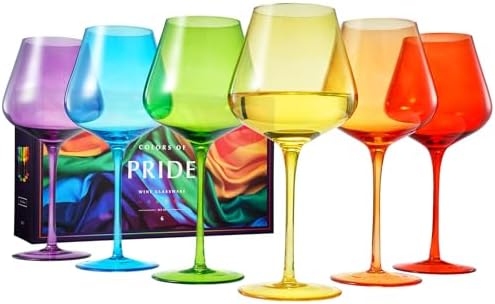 Pride LGBTQIA+ Colored Wine Glass Set | 20oz | Gay Rainbow Set of 6 Love is Love, Gift for Her, Him, They, Special Celebrations Drinkware Unique Style Stemmed Elegant Bright Glassware Pride Month Gift by Khen