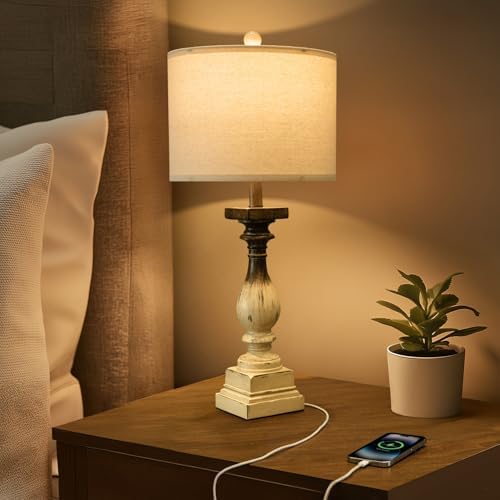 BOBOMOMO 27" Farmhouse Table Lamps with USB-A +C Ports, Vintage Rustic Side Table Lamps Set of 2, Linen Shade, Retro Bedside Night Stand Lamps for Living Room, Bedroom (Blubs not Included) - Image 6