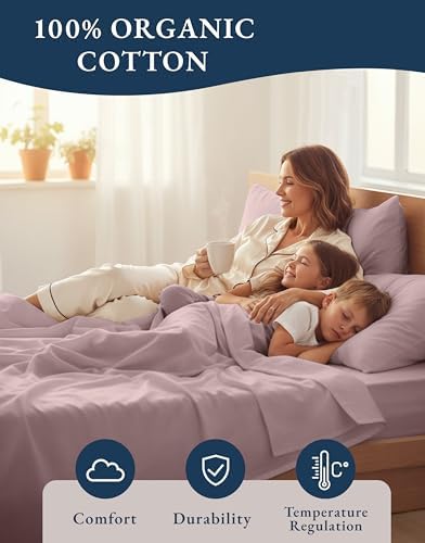 LANE LINEN King Sheets 100% Organic Cotton Percale Cooling Soft 4pc - Lilac - Image 6