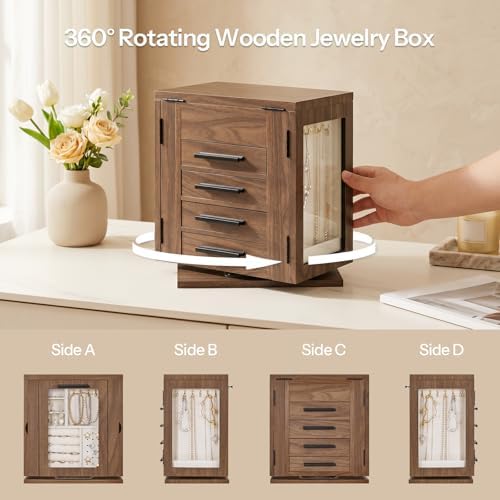 HOOBRO 360° Rotating Jewelry Box with Mirror, Wooden Jewelry Organizer Box - Image 3