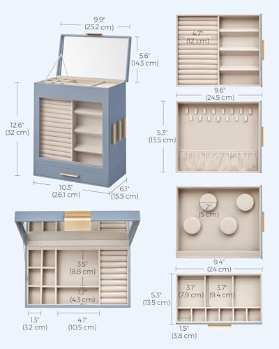 SONGMICS 5-Layer Jewelry Box with Glass Window, 3 Side Drawers - Image 6