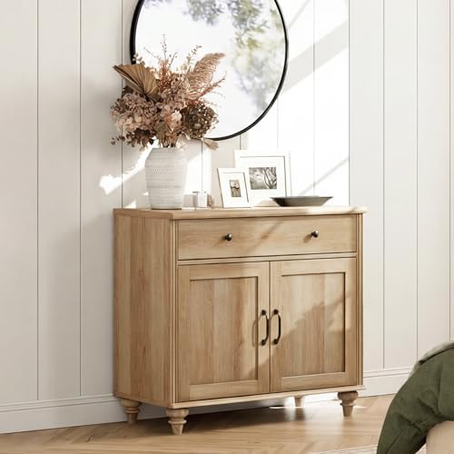 WAMPAT 34’‘ Oak Buffet Cabinet with Doors and Drawer, Wood Kitchen Storage Cabinet Modern Farmhouse Coffee Bar Table Sideboard Credenza for Dining Room - Image 6
