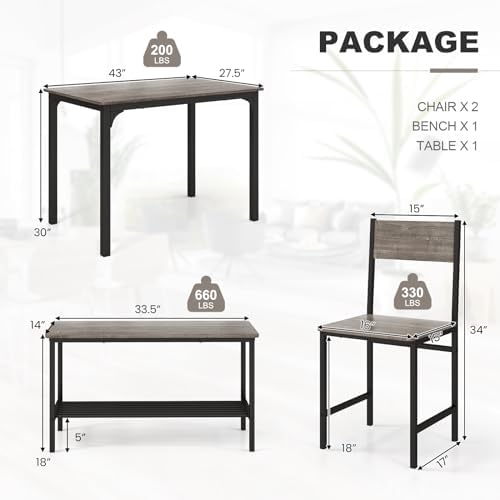 COSTWAY Dining Table Set for 4 w/Bench & 2 Chairs, Storage Racks, Grey - Image 6