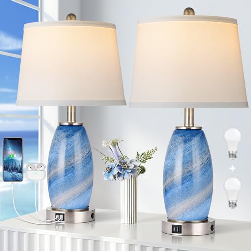 Lovlast Blue Lamps Set of 2 for Living Room Bedroom, 23.5" Glass Lamps by Lovlast