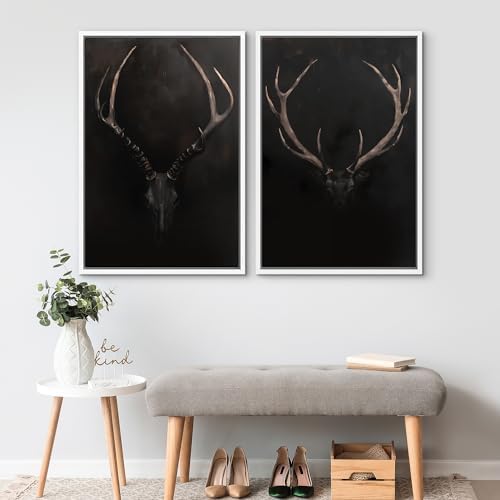 SIGNWIN Framed Canvas Print Wall Art Rustic Antler Skull Dark Dramatic Black Vintage-Inspired Deer and Elk Antlers Illustrations Decorative for Living Room, Bedroom, Office - 16"" x24 x2 White - Image 2