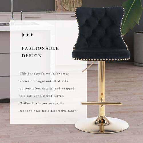 SoarFlash Velvet Bar Stool Set of 6, Adjustable Swivel Bar Stools with Gold Plated Metal Leg, Button Tufted, Footrest, Chrome Nailhead, Counter Height Chair for Kitchen, Bar, Dining Room (Black) - Image 6