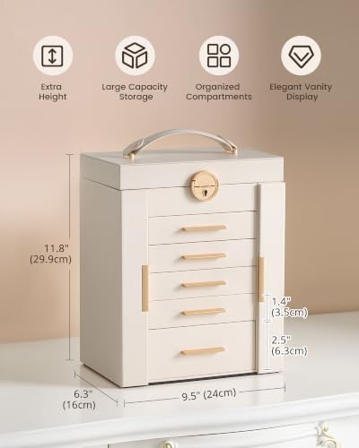 Lolalet Large Jewelry Box, 6-Layer Jewelry Organizer with 5 Drawers -Beige - Image 3