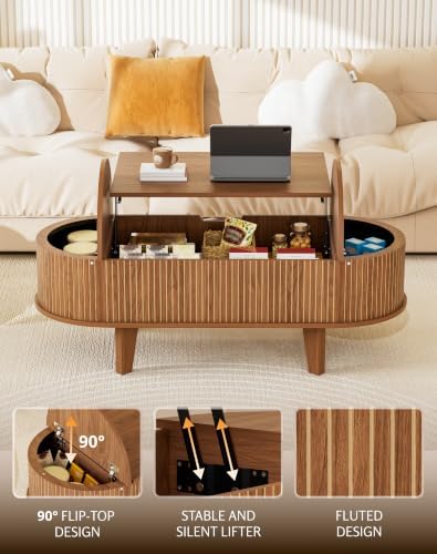 Fluted Oval Lift Top Coffee Table with Storage, 47" Wood Mid Century Modern Coffee Table for Living Room, Walnut - Image 4