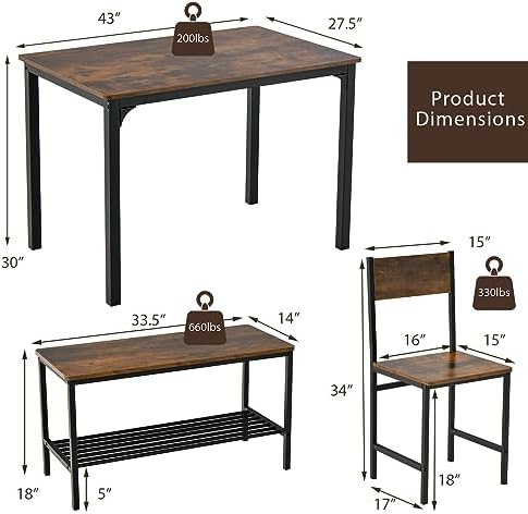 Giantex Dining Table Set for 4, Kitchen Table with Bench and Chairs, Industrial Gathering Bench Dining Set W/Metal Frame & Storage Rack, Dinette Set, Modern Functional Desk Set (Rustic Brown) - Image 5