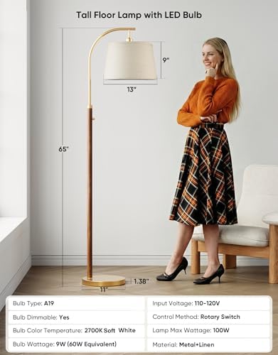 Dimmable Floor Lamp for Living Room, 65" Tall Metal Standing Lamp with LED Bulb, Mid Century Modern Arc Floor Lamp with Linen Shade for Bedroom, Reading Room, Office & Nursery, Gold and Walnut Color - Image 5