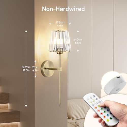 Crystal Battery Operated Wall Sconces Set of 2, Brass Rechargeable Wireless Wall Lights with Crystal Lampshade, 12 RGB and 3CCT Dimmable Wall Lamp with Remote for Bedroom Living Room Hallway - Image 3